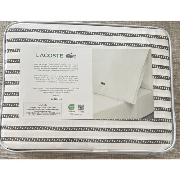 Lacoste Graphic Stripe Gray White 4pc QUEEN Sheet Set 109% Cotton Dark Grey Logo - Picture 4 of 6